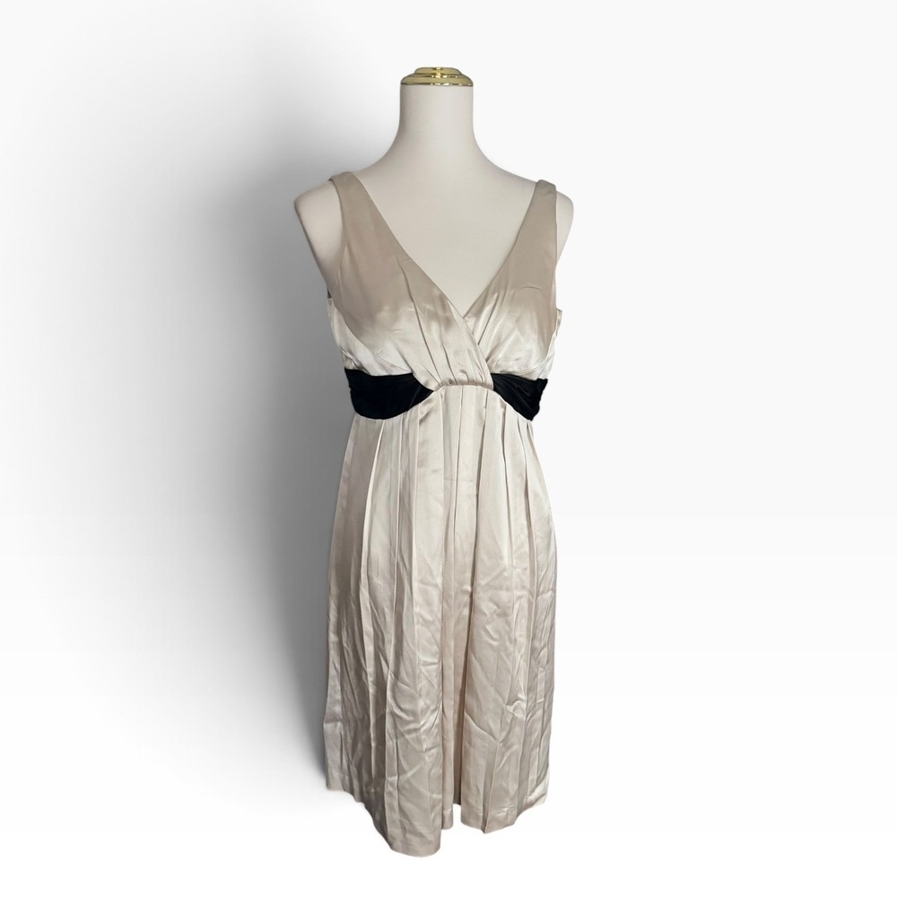 Jones New York Dress 8 Champagne Satin Black Empire Waist Cocktail Pleated